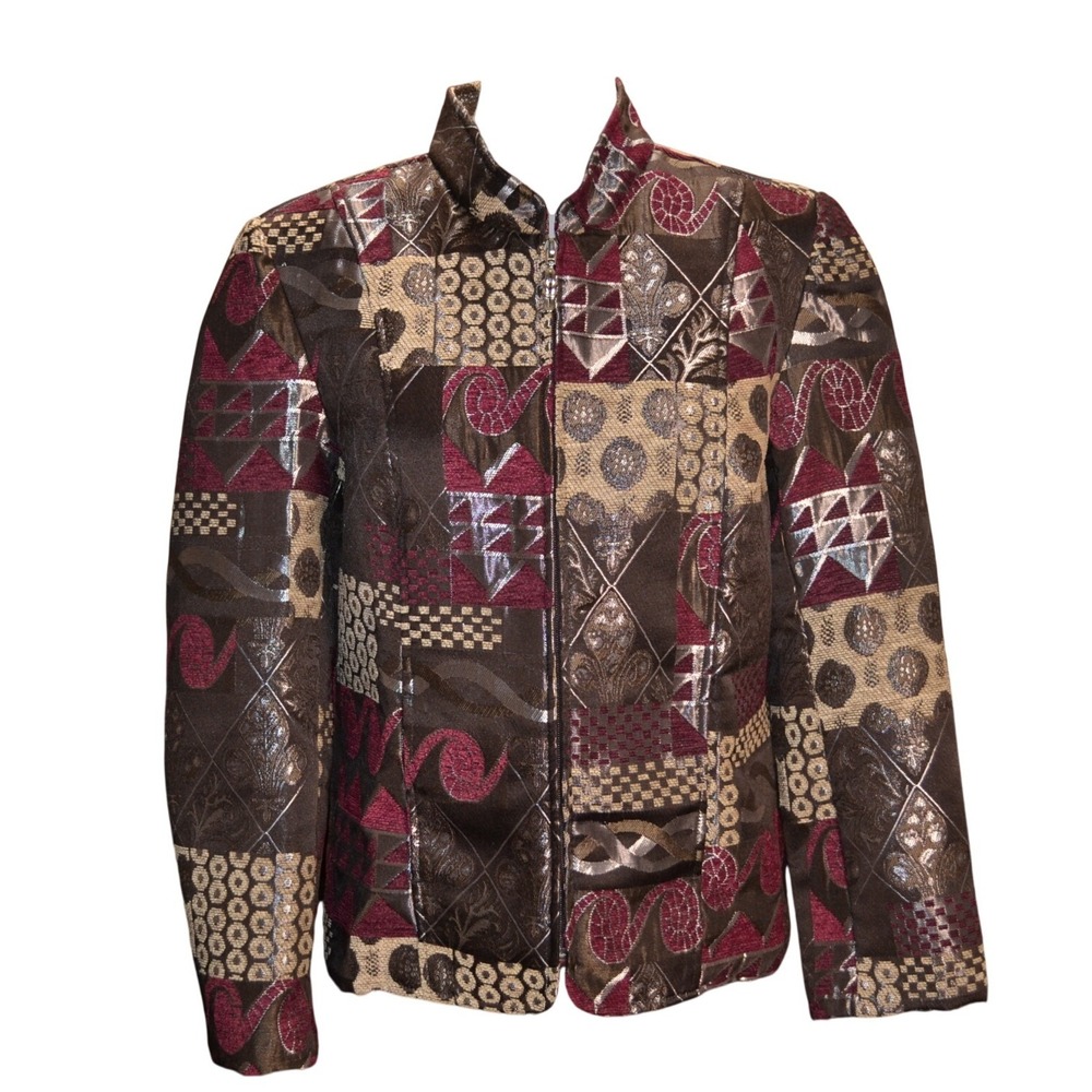 Vintage Patchwork Jacket Women's Abstract Print Quilted Artsy‎ Statement FullZip